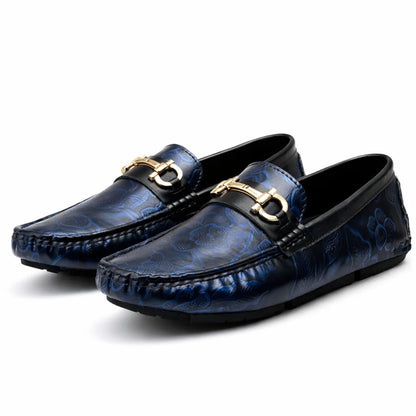 Mocassin Homme Similicuir Noir Fleuri bleu