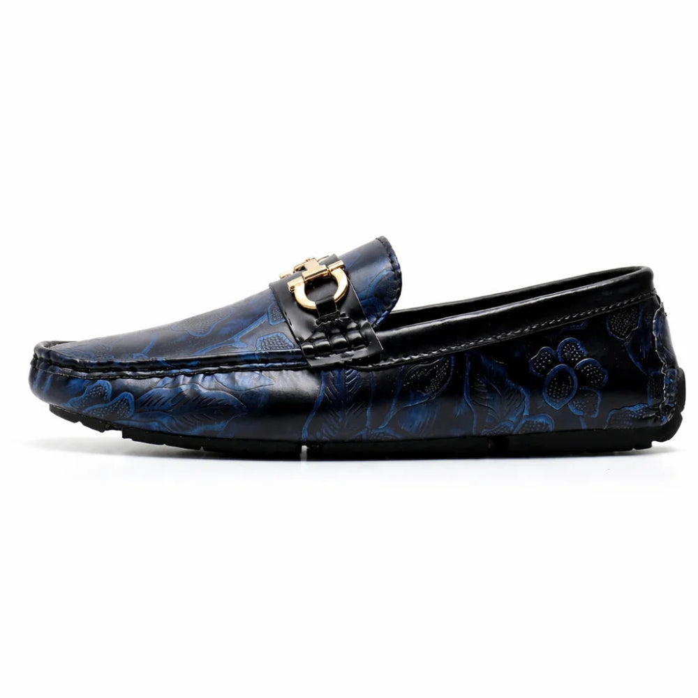 Mocassin Homme Similicuir Noir Fleuri bleu Côter