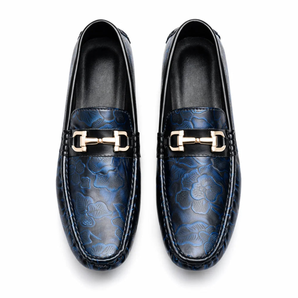 Mocassin Homme Similicuir Noir Fleuri bleu Dessus