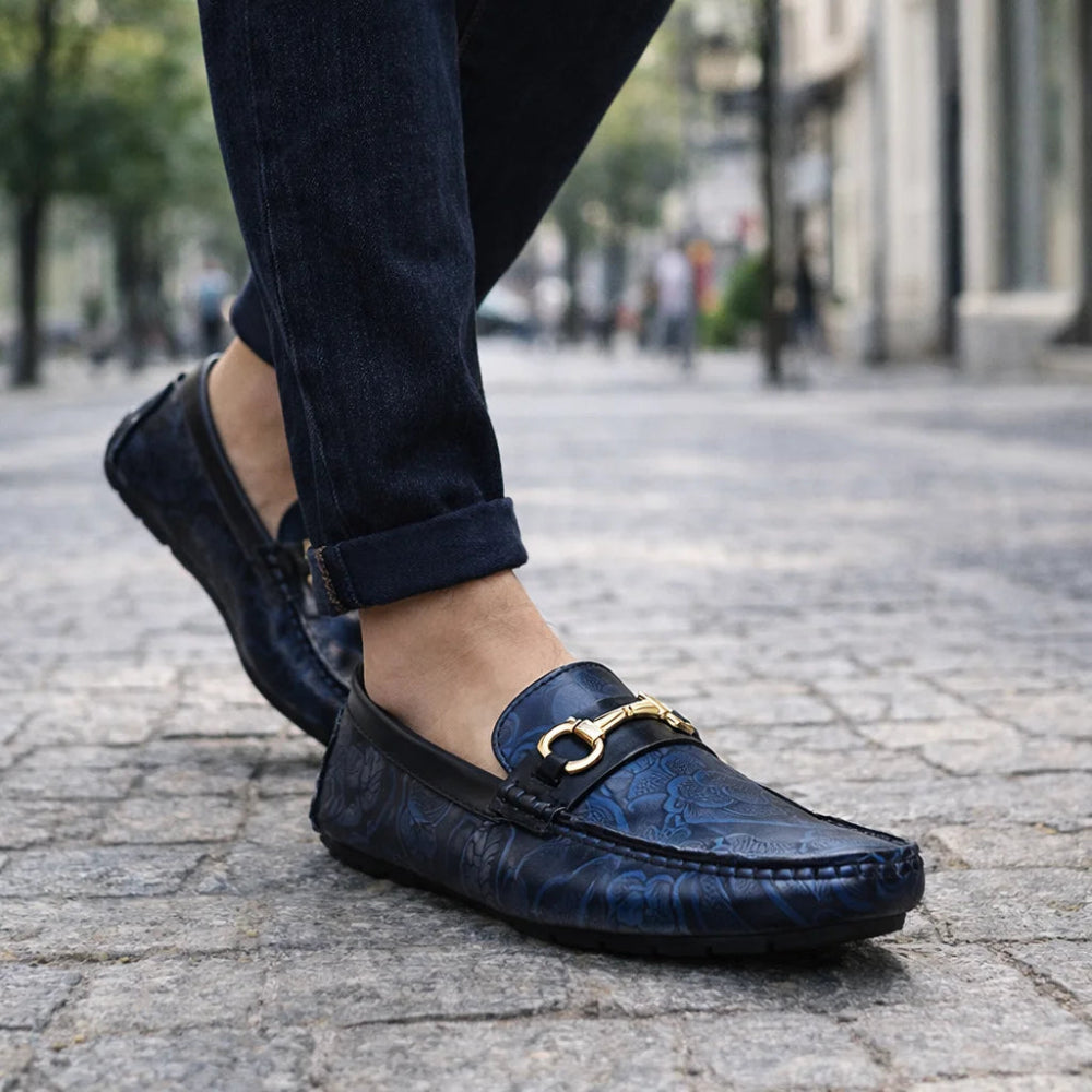 Mocassin Homme Similicuir Noir Fleuri bleu Rue