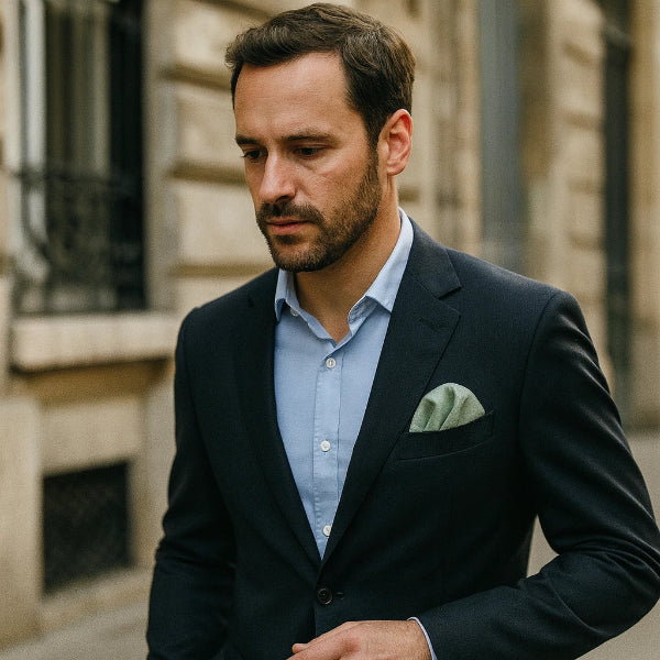 Pochette de Costume en Coton Vert Sauge Mannequin