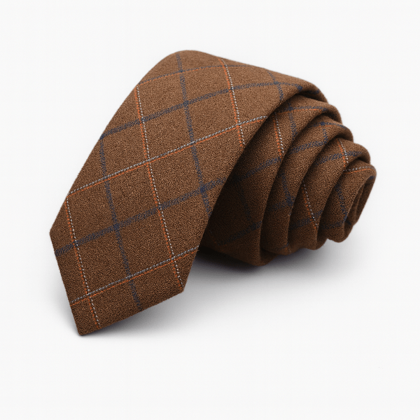 Cravate Coton Brun Noisette à Grands Carreaux