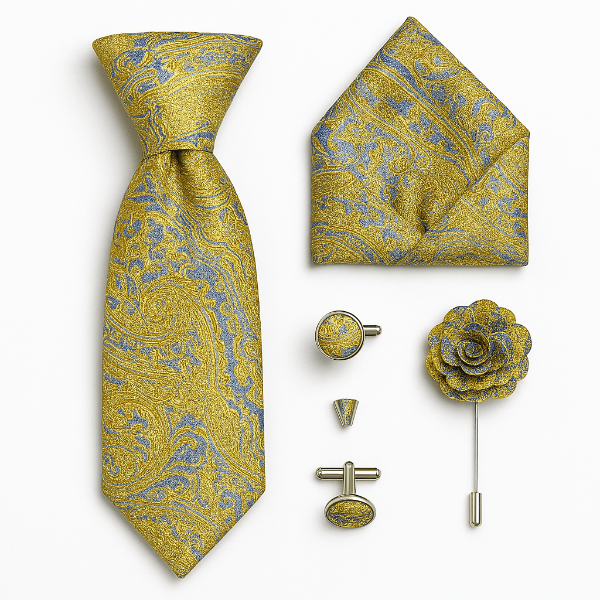Cravate Paisley Jaune et Bleu Ensemble