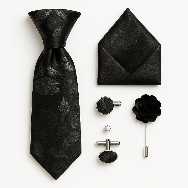 Cravate Paisley Noir et Gris Ensemble