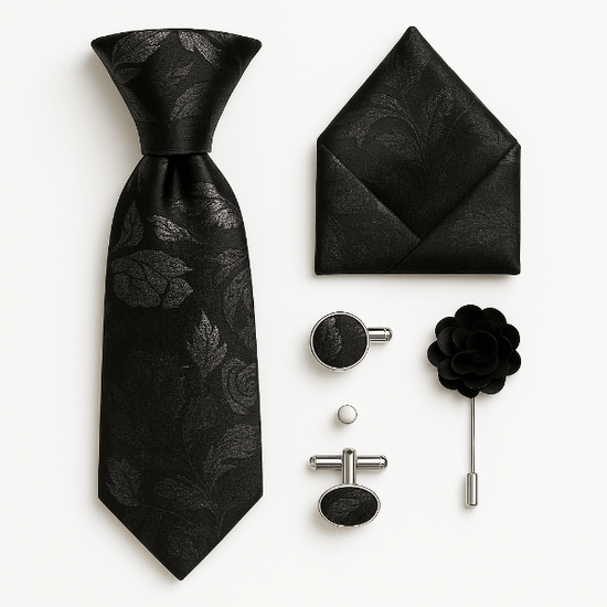 Cravate Paisley Noir et Gris Ensemble