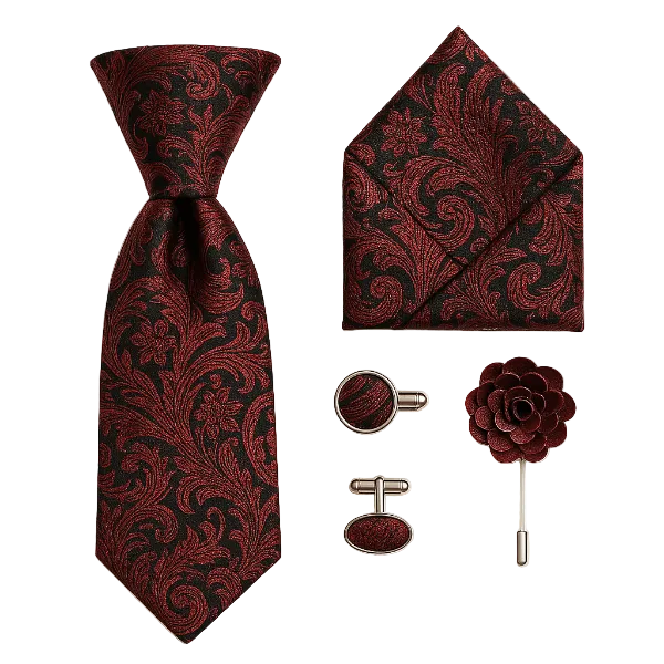 Cravate Paisley Noir et Rouge Ensemble