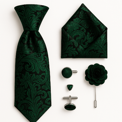 Cravate Paisley Noir et Vert Foncé ensemble