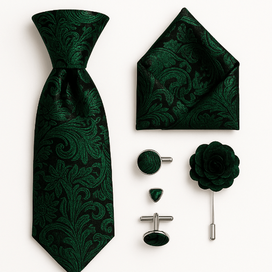 Cravate Paisley Noir et Vert Foncé ensemble