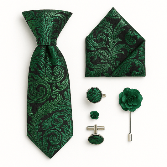 Cravate Paisley Noire et Verte Ensemble