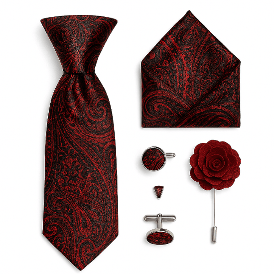 Cravate Paisley Rouge et Noir avec mouchoir, broche et boutons de manchette