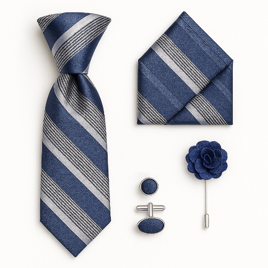Cravate Rayée Gris et Bleu Foncé Ensemble