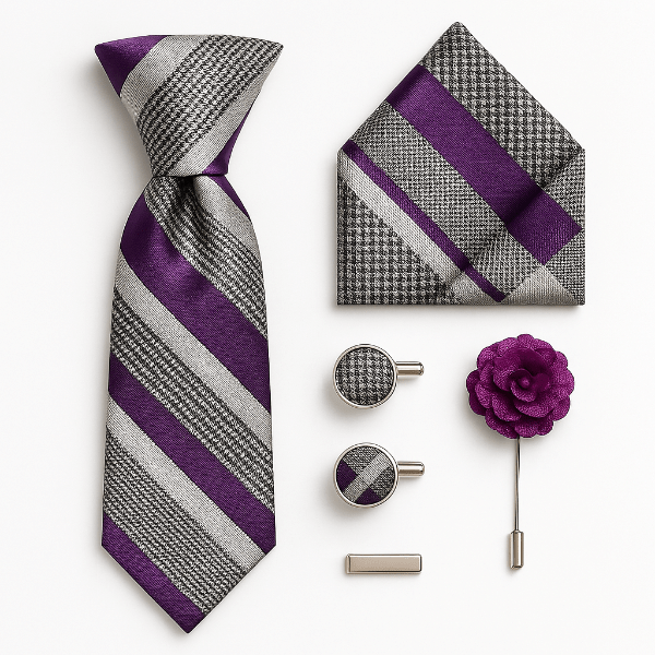 Cravate Rayée Gris et Violet