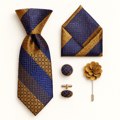 Cravate Rayée Or et Bleu Ensemble
