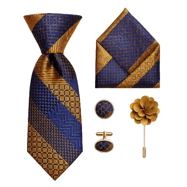 Cravate Rayée Or et Bleu Ensemble